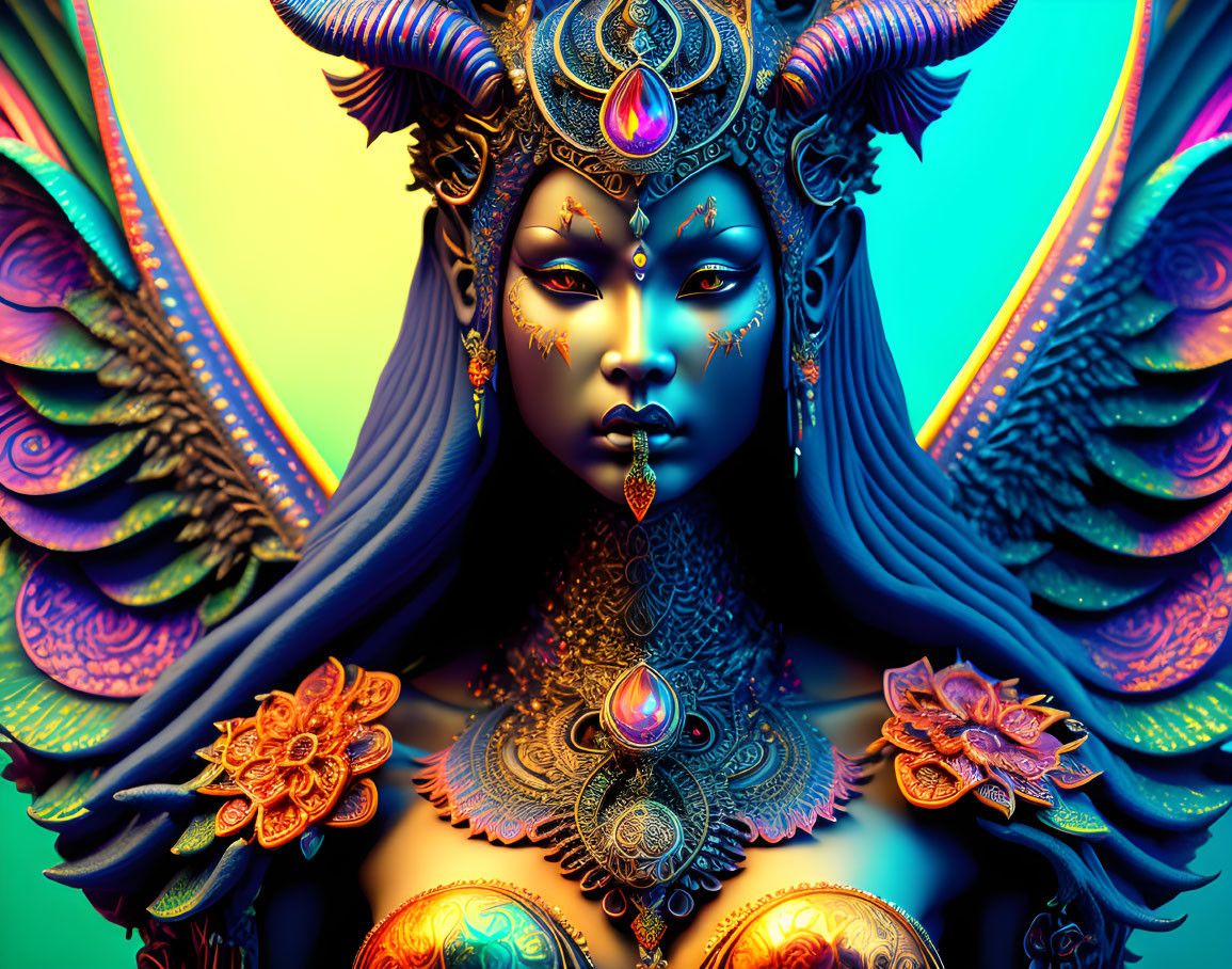 Vibrant digital artwork of mystical female figure with multiple arms and intricate jewelry