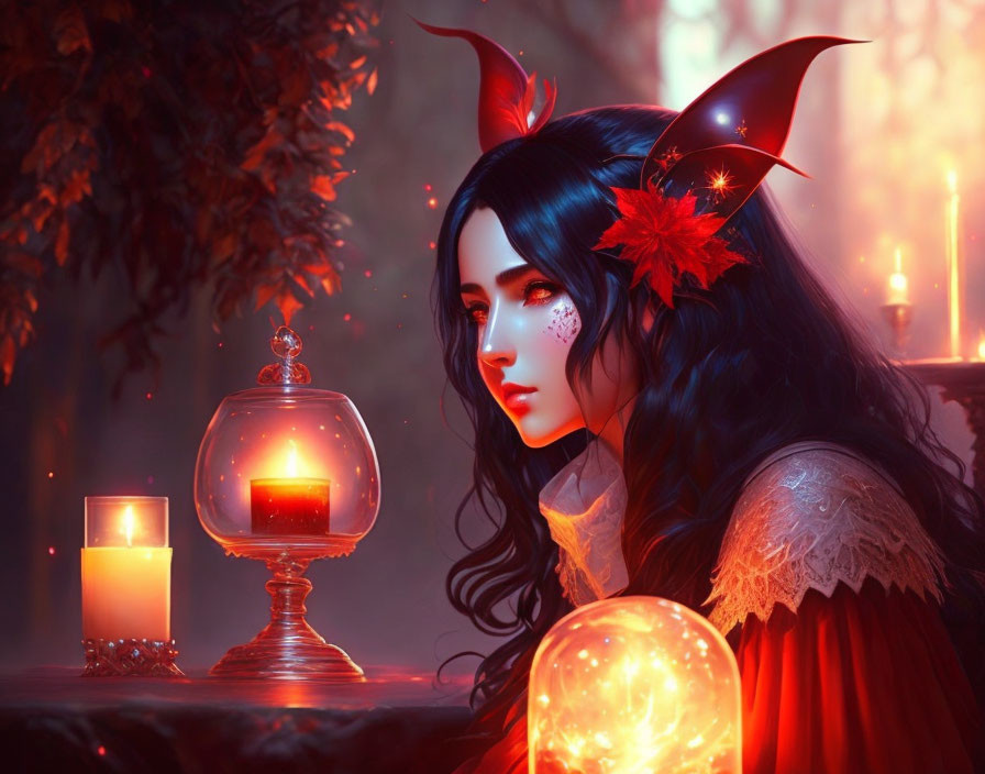 Fantasy image of woman with dark hair, horns, red cloak, and candles
