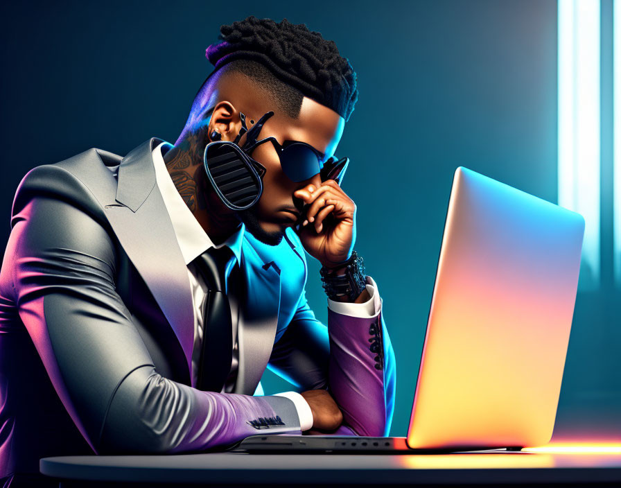 Professional man in suit and sunglasses working on laptop with neon lights.