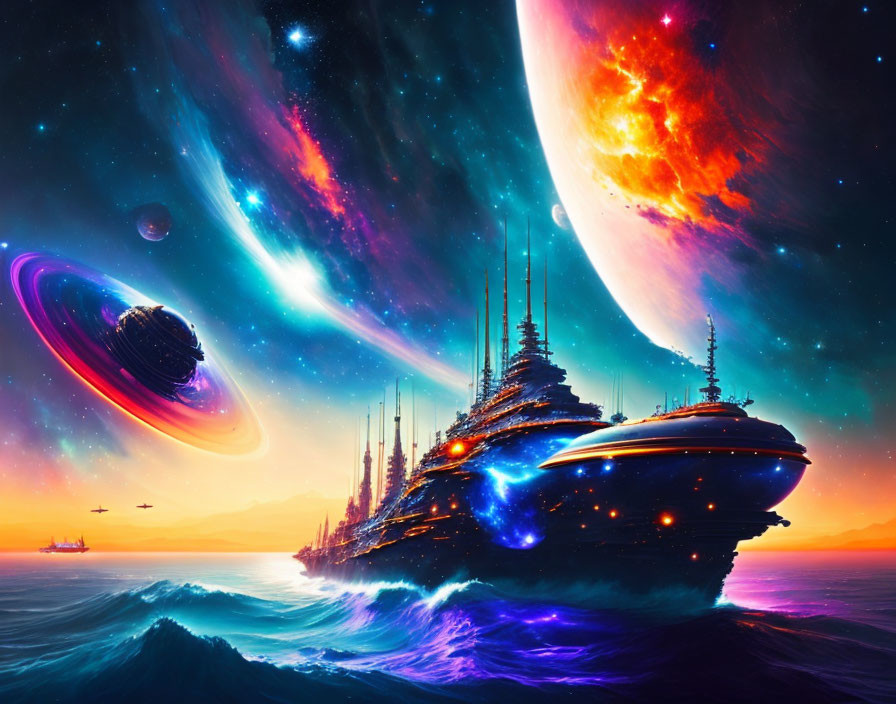Futuristic spaceship over ocean waves in vibrant sci-fi scene
