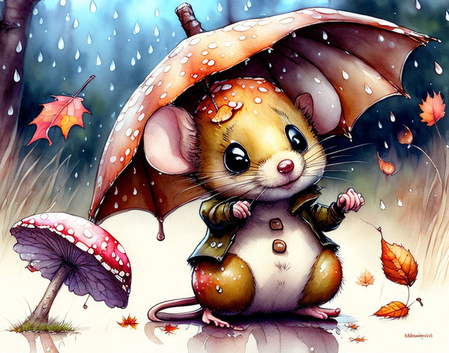 Illustration of cute mouse under mushroom umbrella in rain with autumn leaves