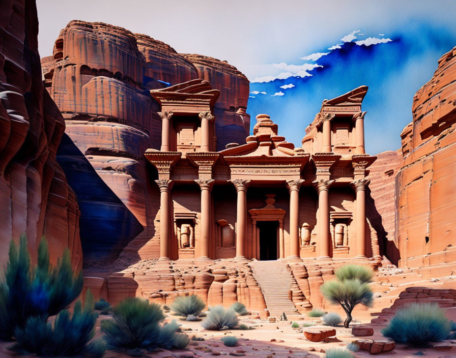 Ancient rock-cut architecture featuring carved columns on sandstone cliff under clear sky
