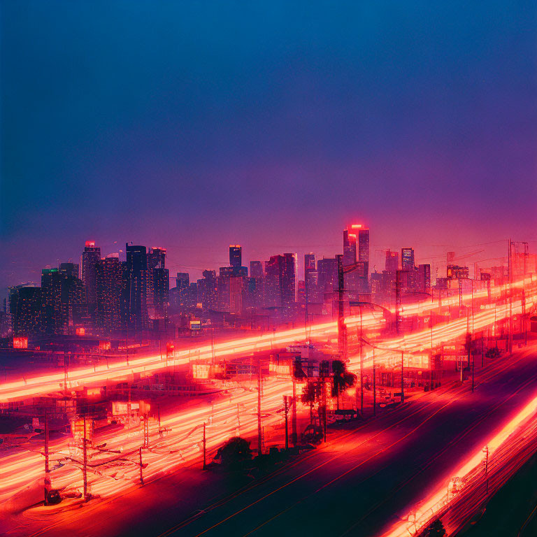 Vibrant nighttime cityscape with glowing skyline and red traffic light trails