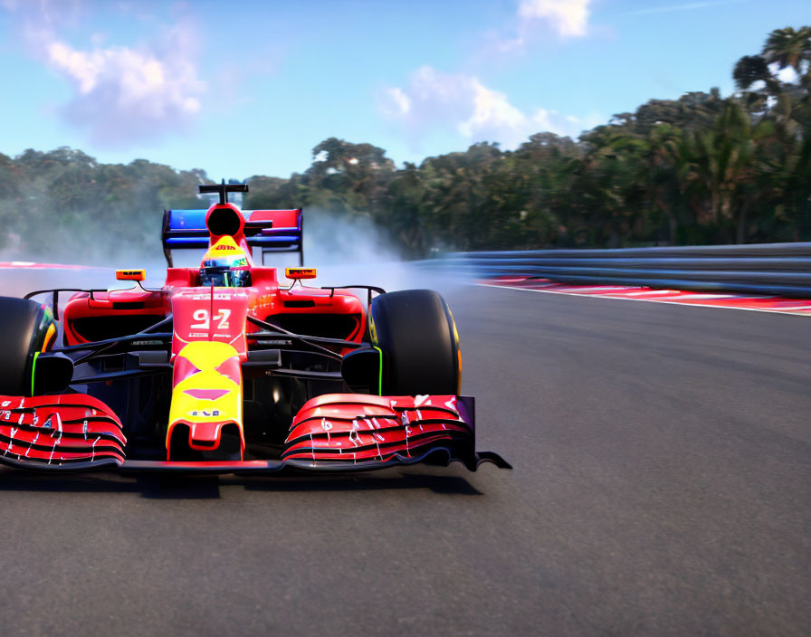 Fast Formula 1 race car on track with smoking tires amidst tropical trees and blue sky