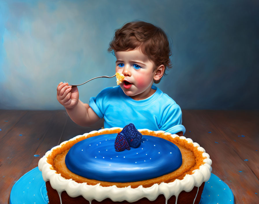 Curly-Haired Toddler in Blue Shirt Eating Blueberry Pie Thoughtfully