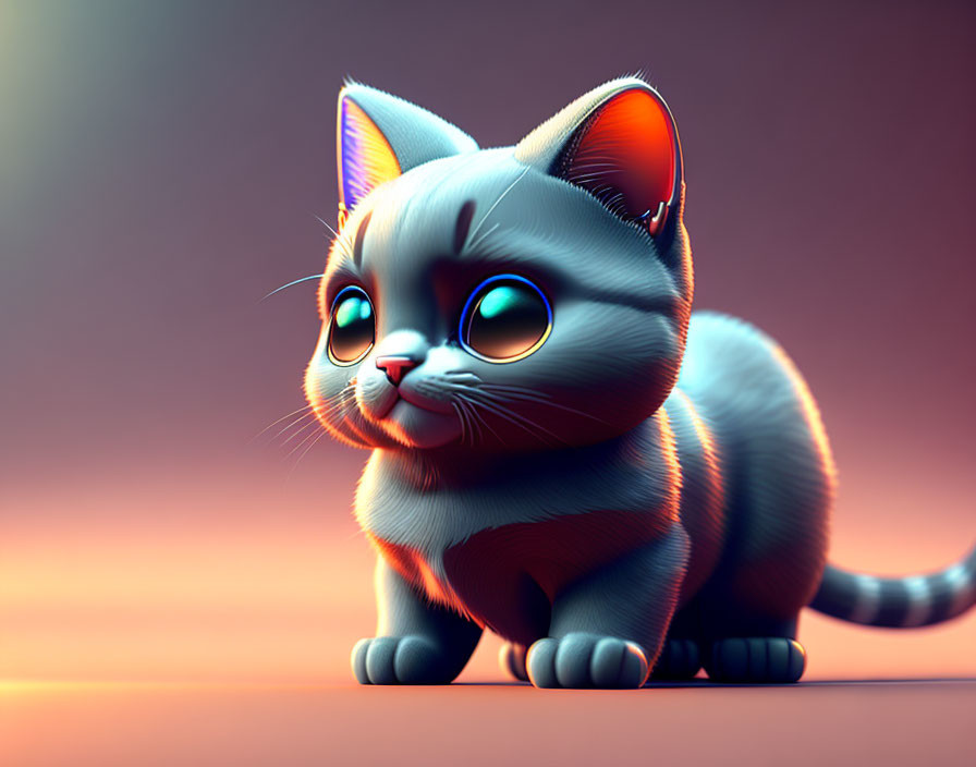 Wide-eyed kitten digital illustration with glossy coat and striking blue eyes on warm gradient background