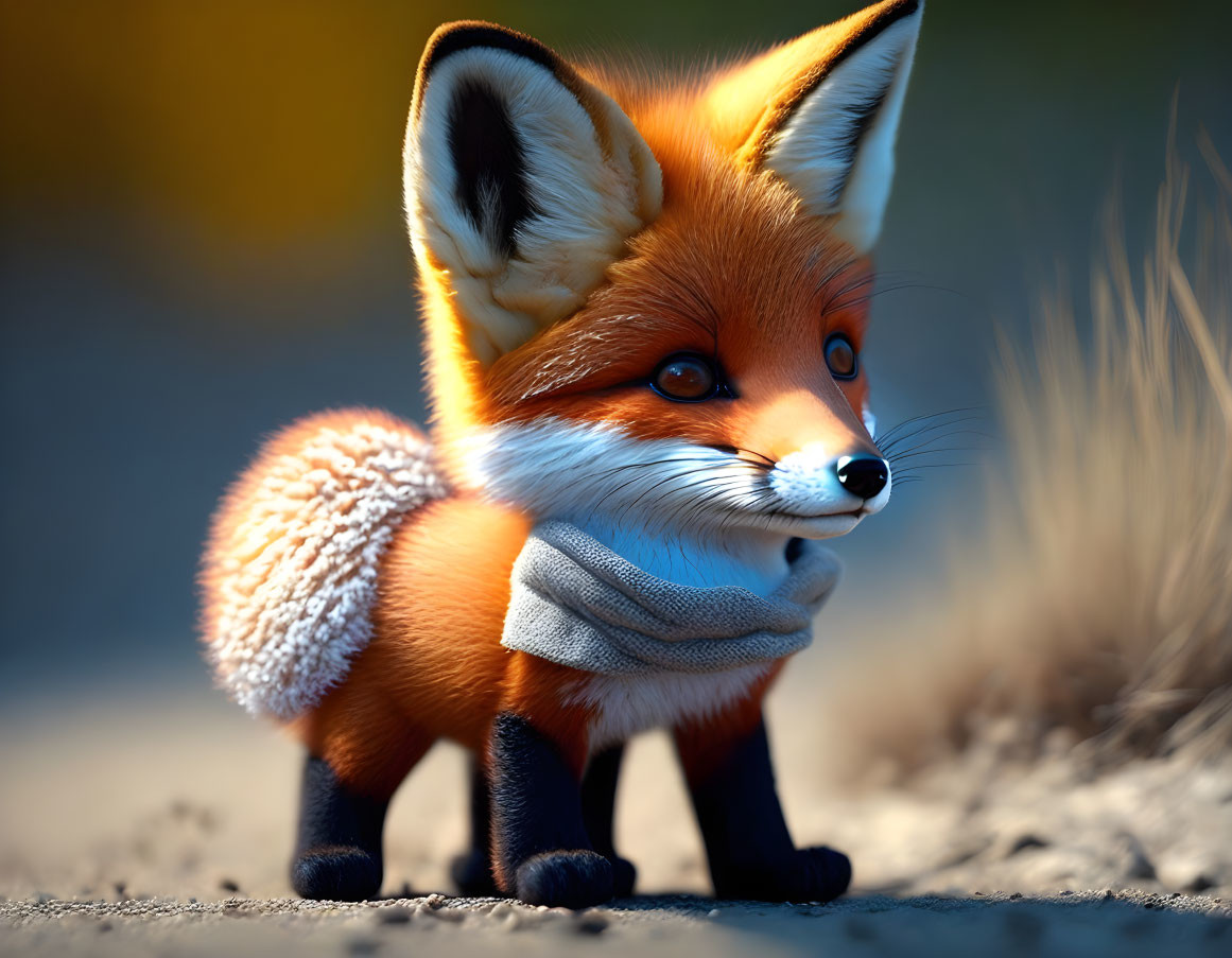 Red Fox with Big Eyes and Blue Scarf in Digitally Rendered Image
