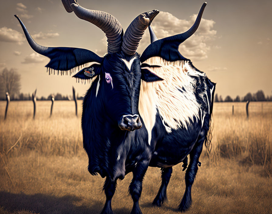 Majestic black and white bull with long horns in a field with butterfly and cloudy sky.