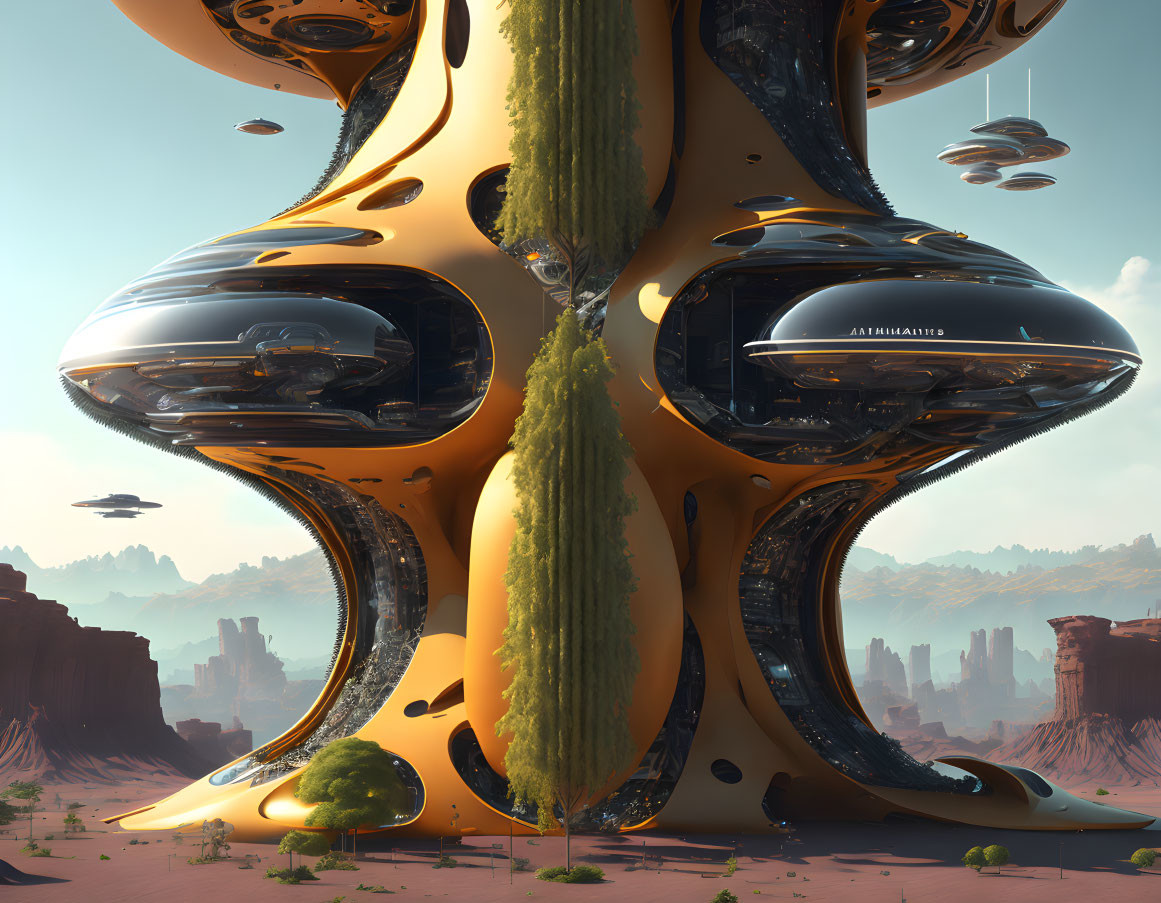 Unique alien-like structure in desert landscape with golden stems and black windows, surrounded by floating crafts and a