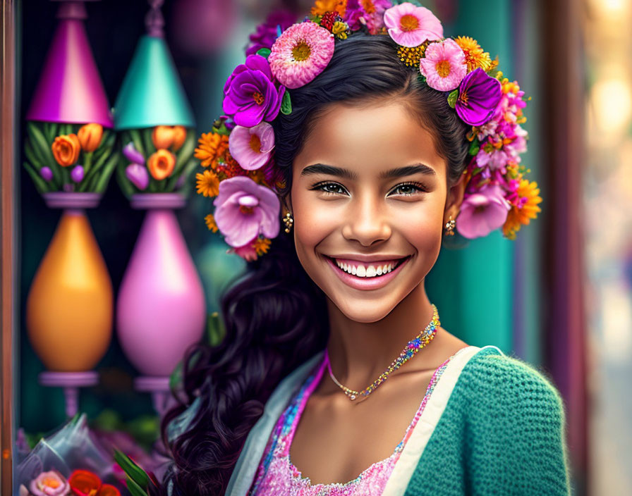 Smiling girl with floral headband in front of colorful flowers and lanterns