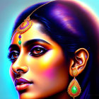 Colorful Digital Artwork: Woman in Traditional Indian Jewelry