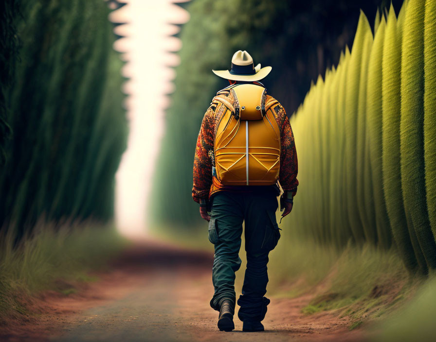 Person with Hat and Backpack Walking on Tranquil Path with Tall Green Hedges