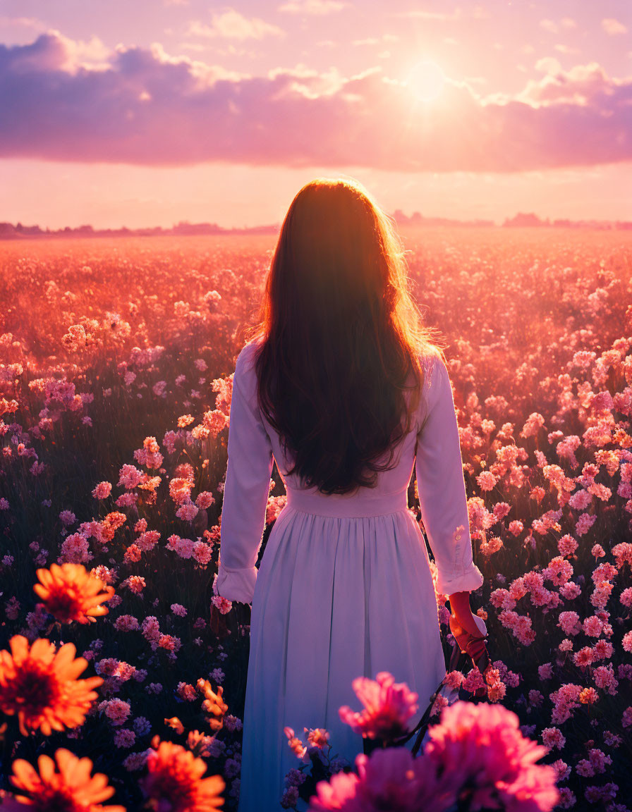 Woman in White Dress Standing in Blossoming Flower Field at Sunset