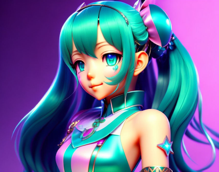 Female anime character: Turquoise hair, large eyes, teal outfit, purple background