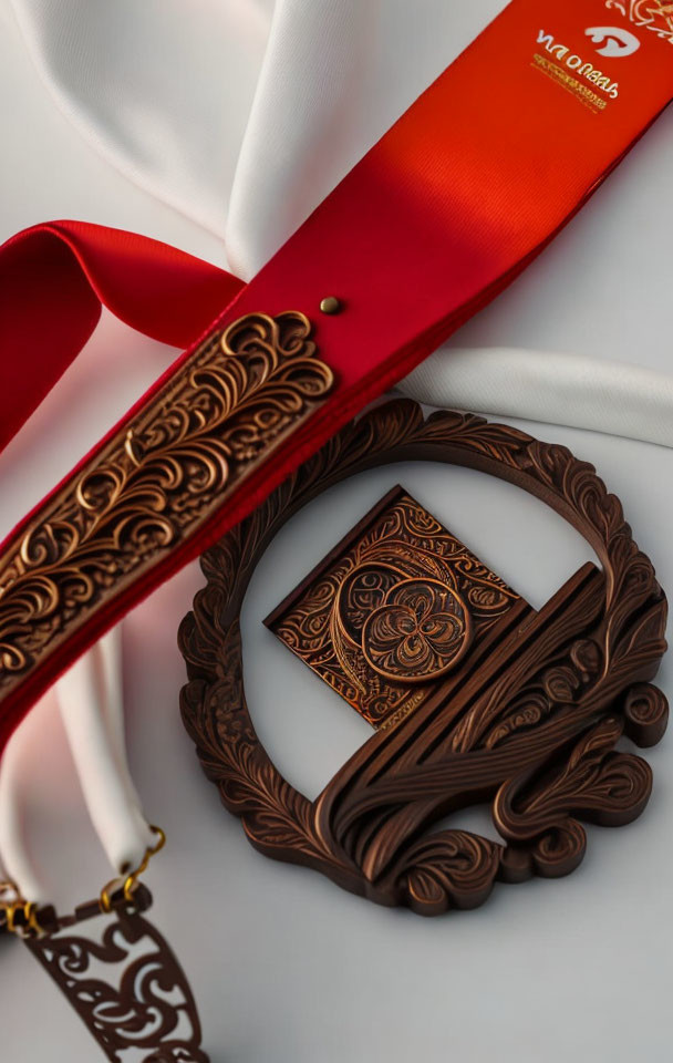 Intricate bronze medal with red ribbon on white surface
