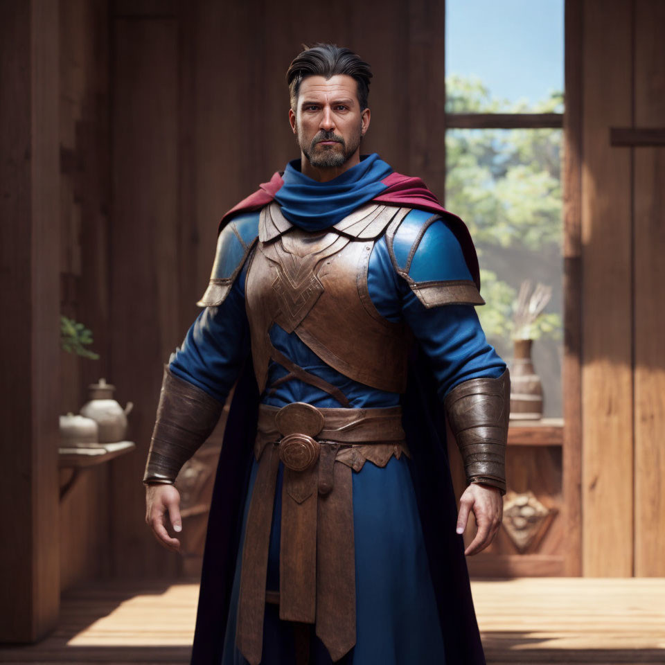 Medieval knight in blue and gold armor standing in wooden room