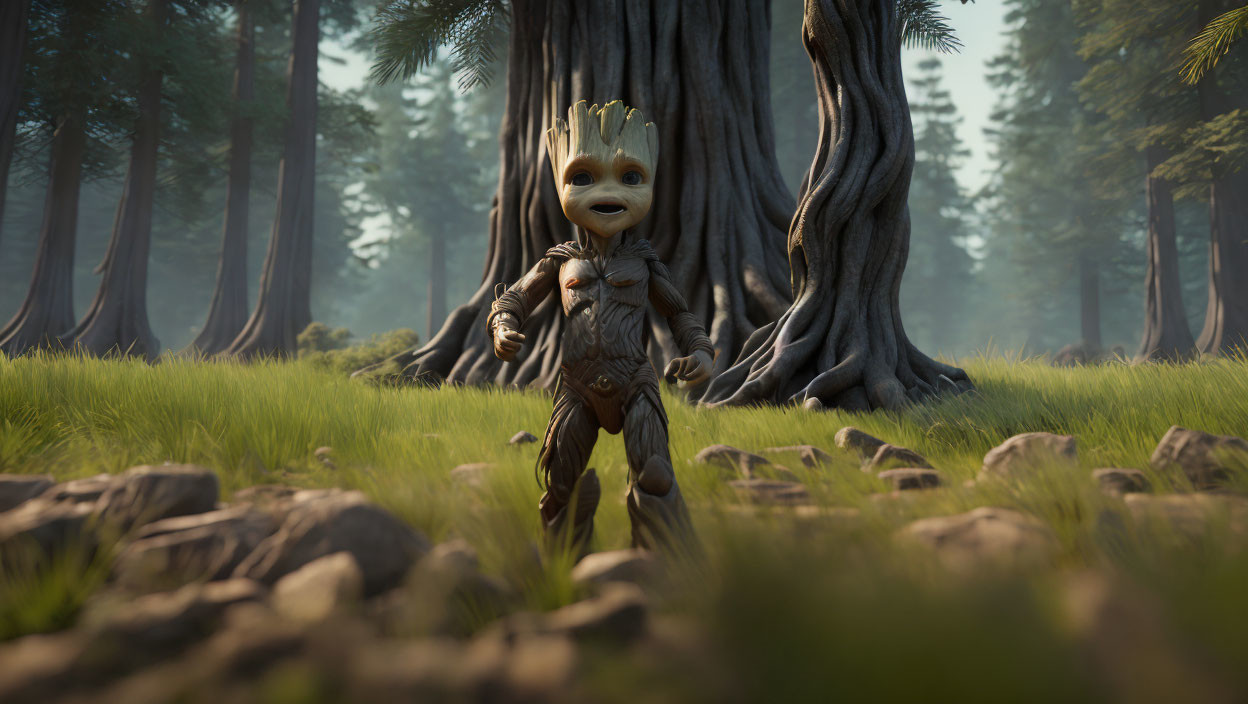 Baby Groot in forest setting with tall trees and sunlight.