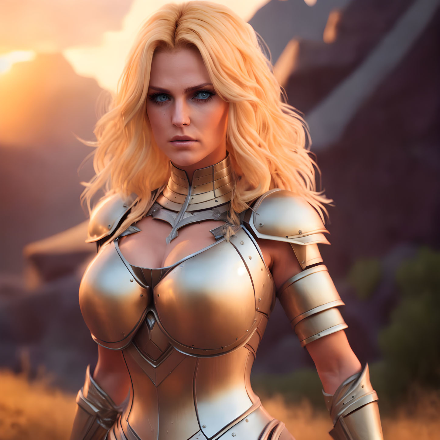 Blonde warrior woman in silver armor with sunset landscape