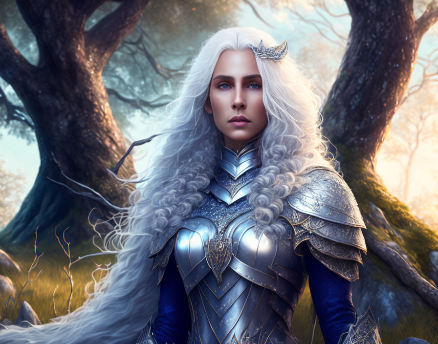 Silver-haired figure in intricate armor among ancient trees