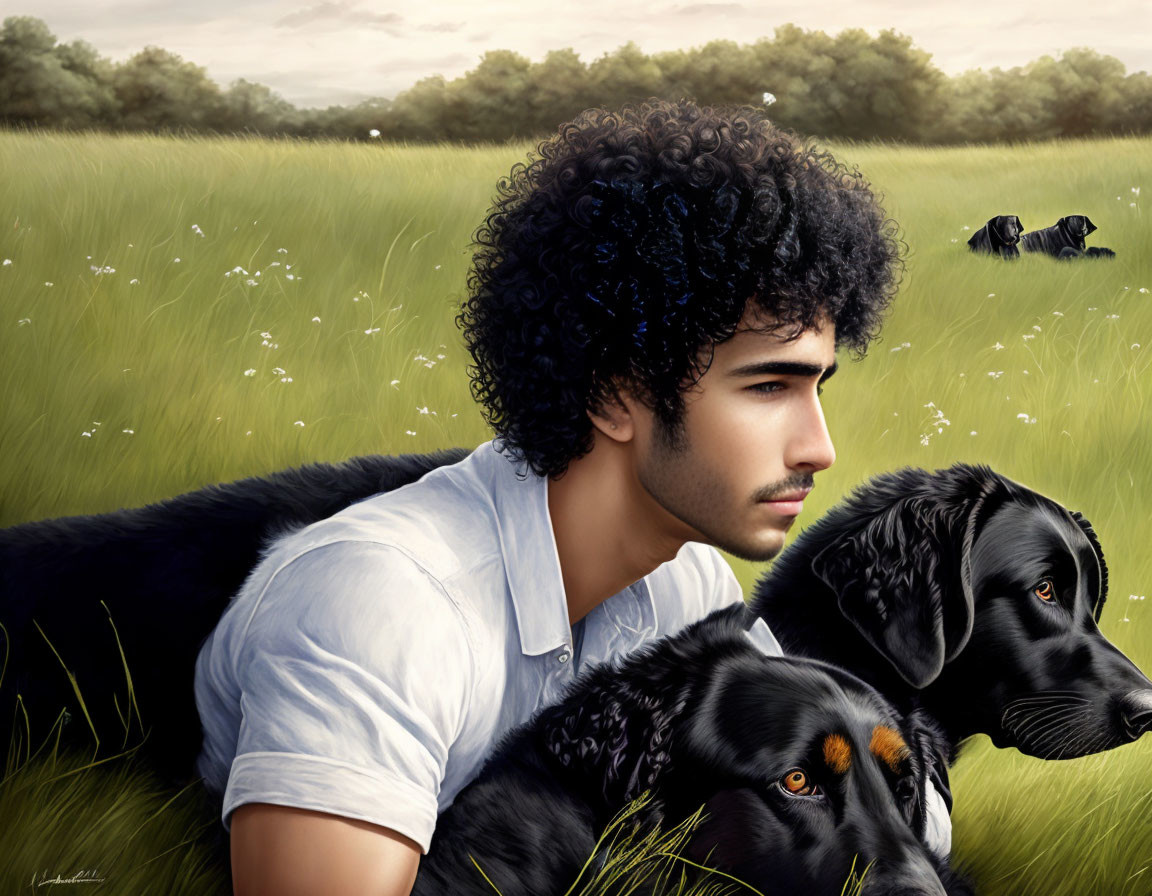Curly-Haired Man with Black Dogs in Field gazes into the Distance