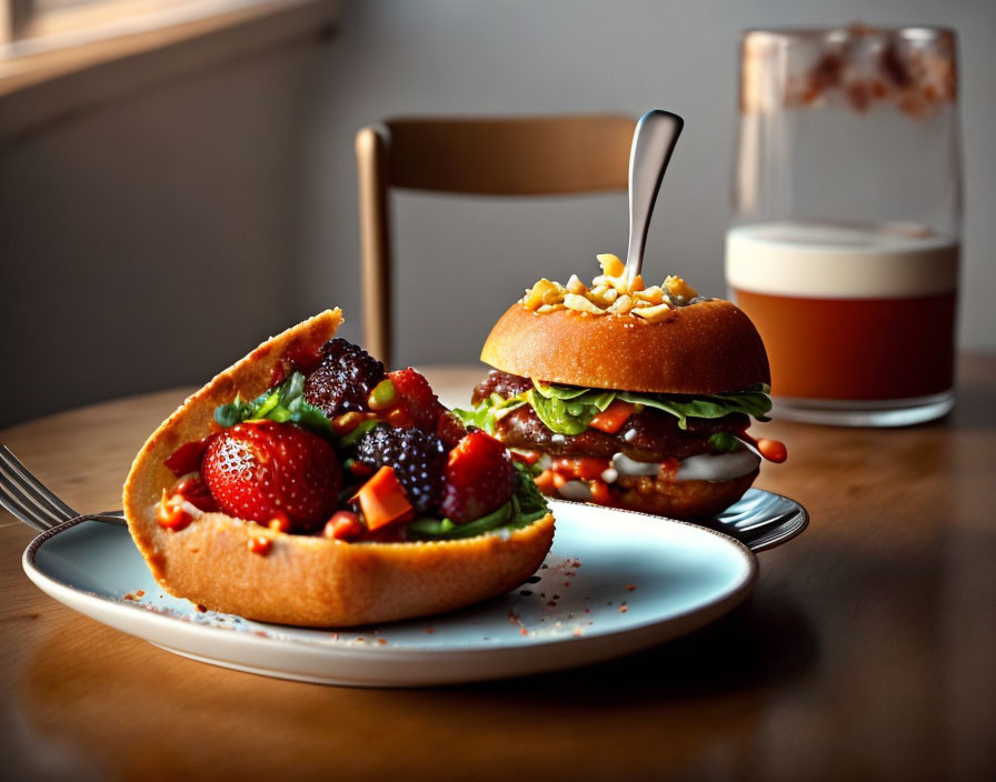 Gourmet dessert burger with fresh berries, cream, nuts, and layered drink on wooden table