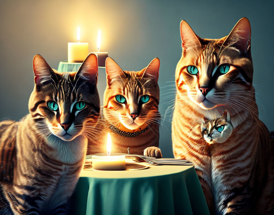 Realistic cat portrait with glowing eyes and candles