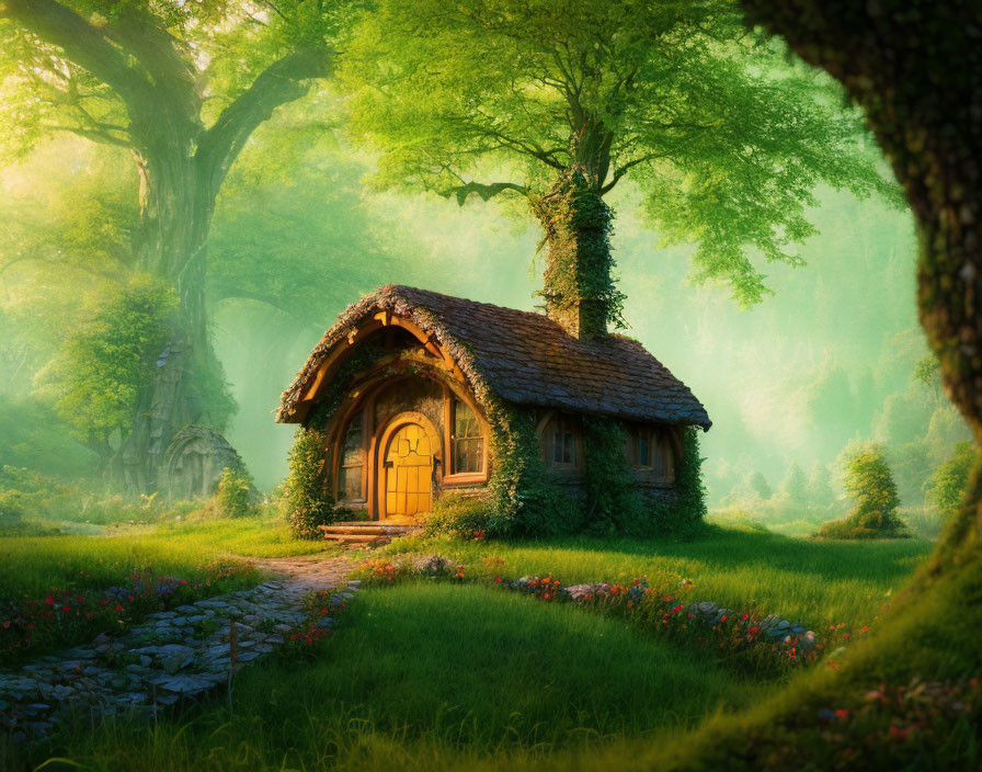 Thatched Roof Cottage in Sunlit Forest Clearing
