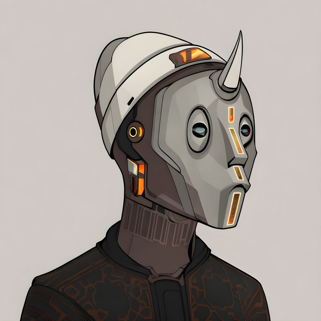 Futuristic humanoid robot with horn and glowing orange elements in digital art