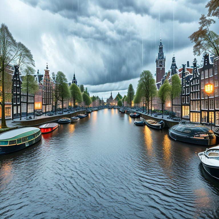 Serene canal with historic buildings and boats under cloudy sky