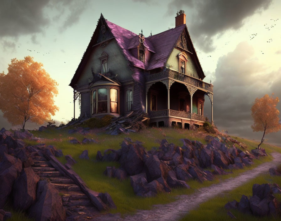 Spooky Victorian house on rocky hill at twilight