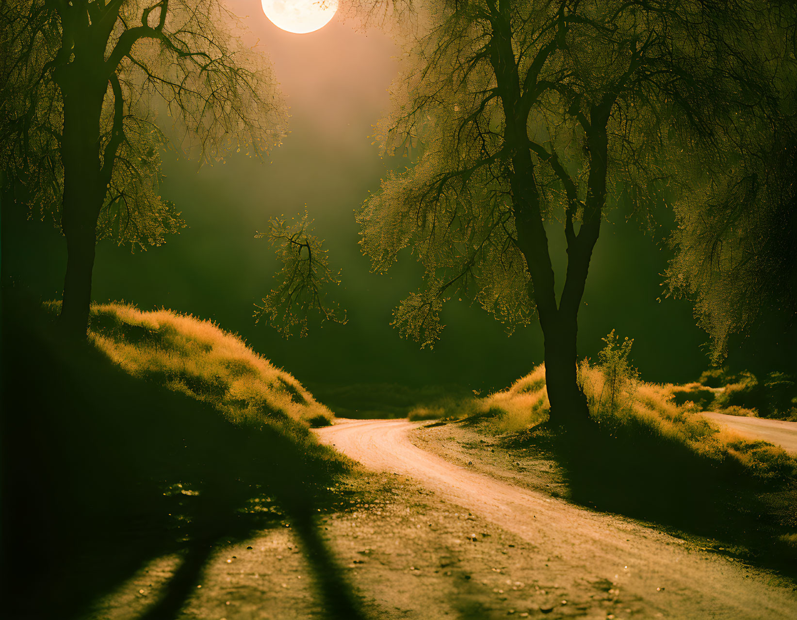 Moonlit dirt road surrounded by silhouetted trees in mystical setting