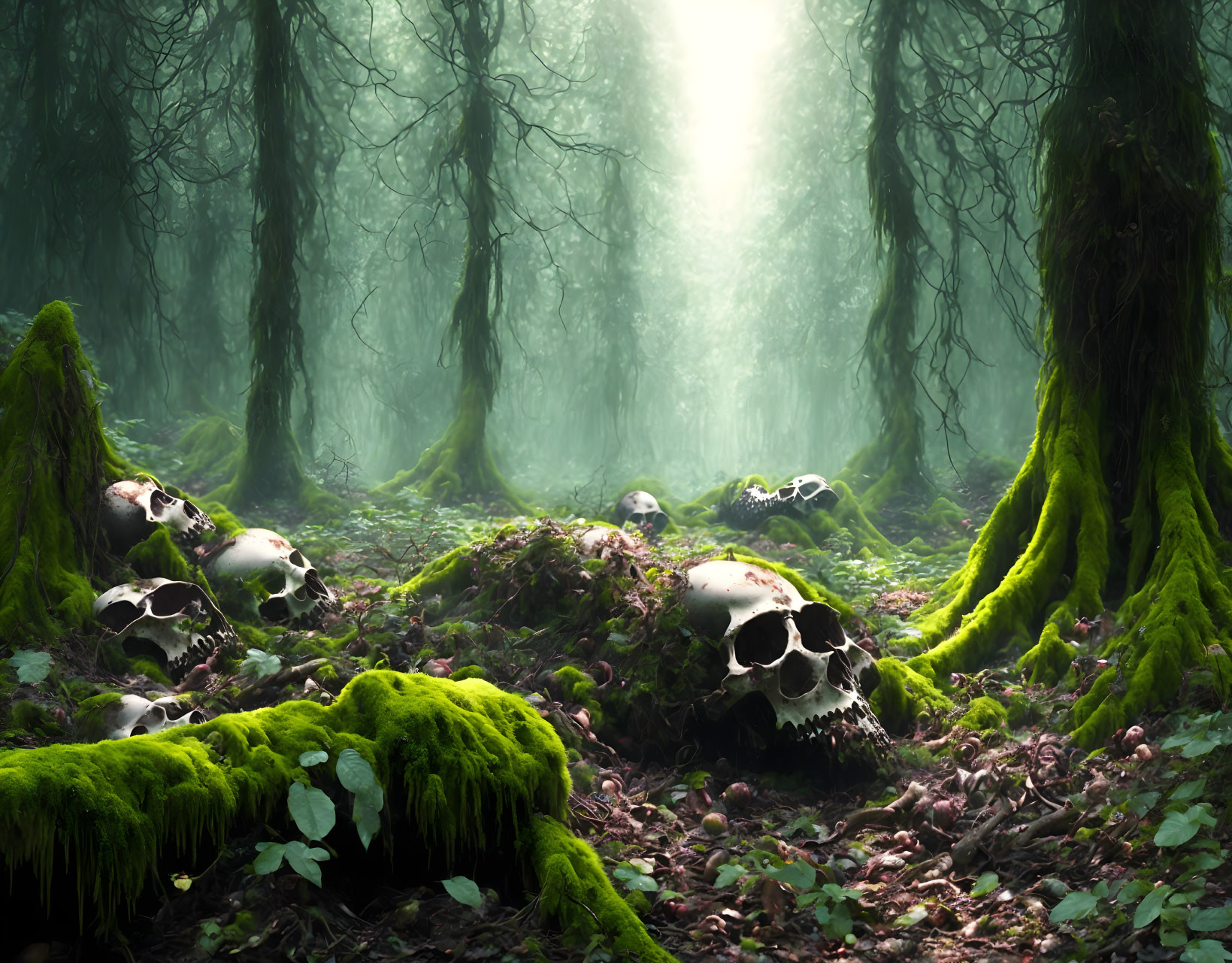 Mystical forest with sunbeams, moss-covered trees, and scattered human skulls