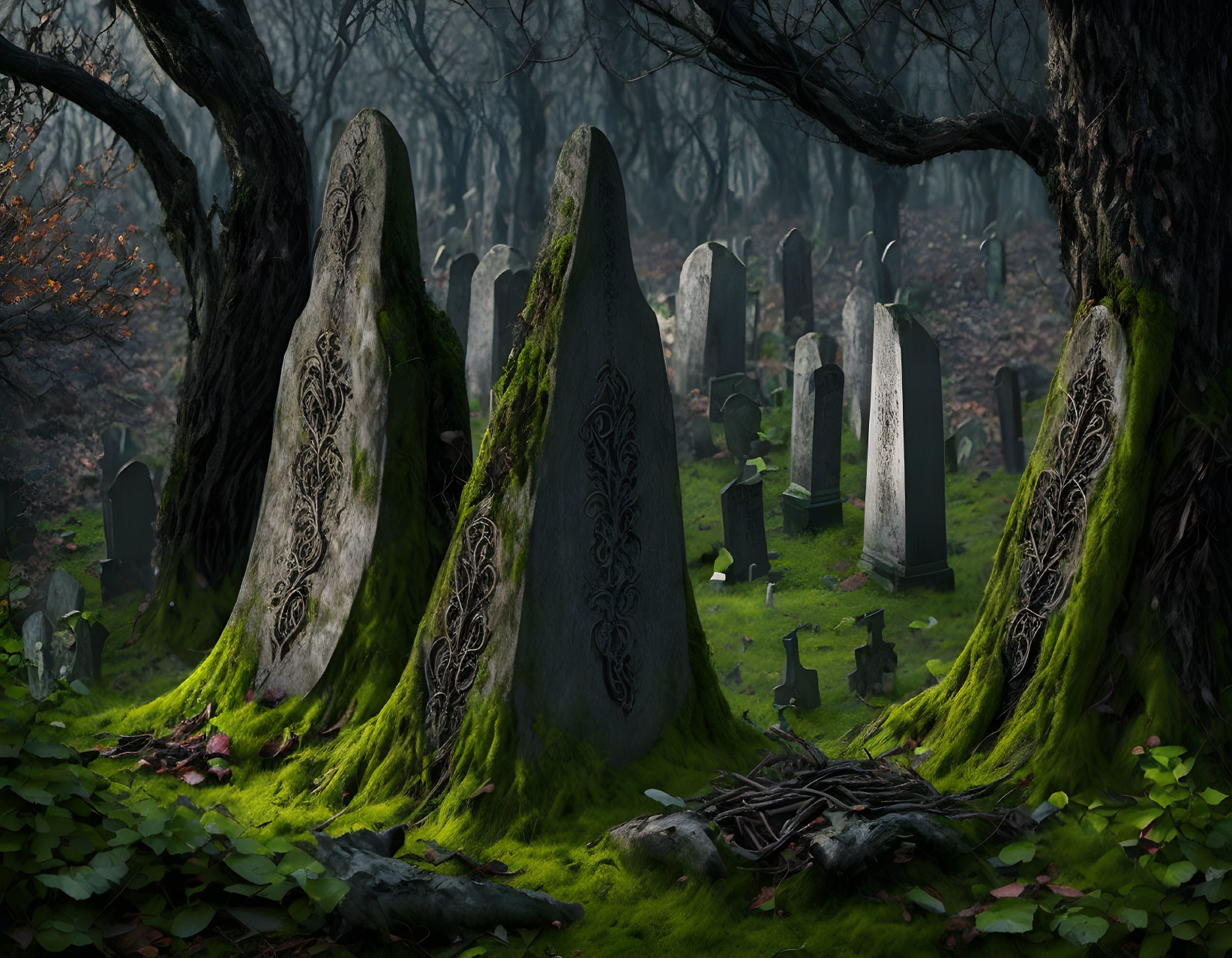 Overgrown forest cemetery with moss-covered tombstones
