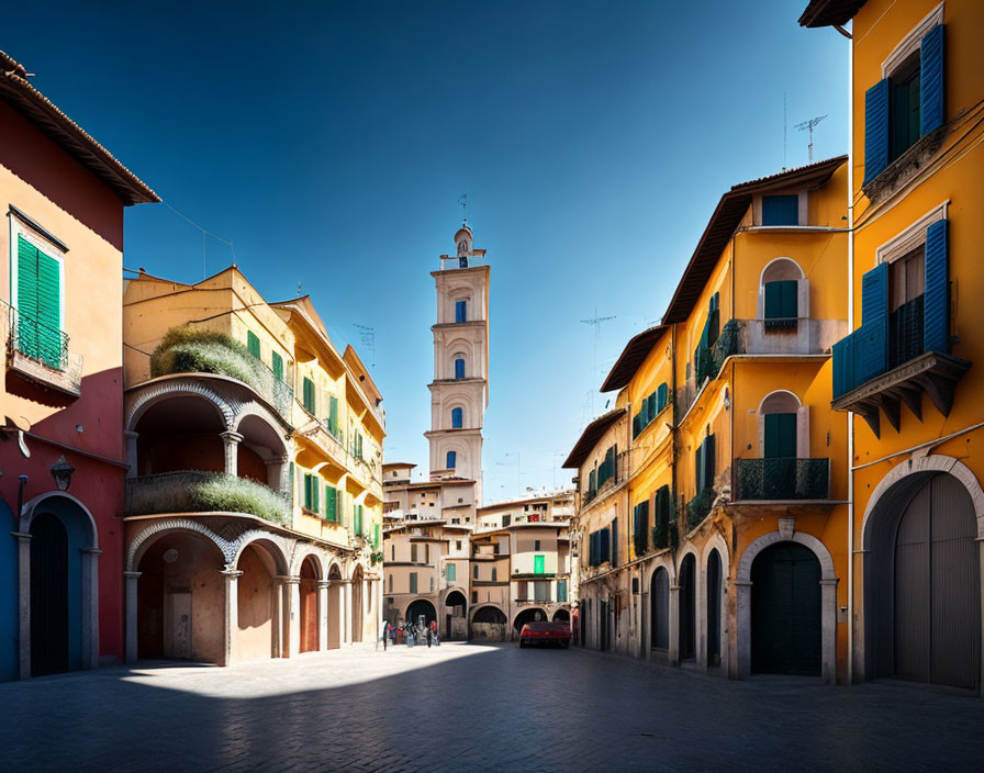 Vibrant European town square with colorful buildings and bell tower under clear blue sky