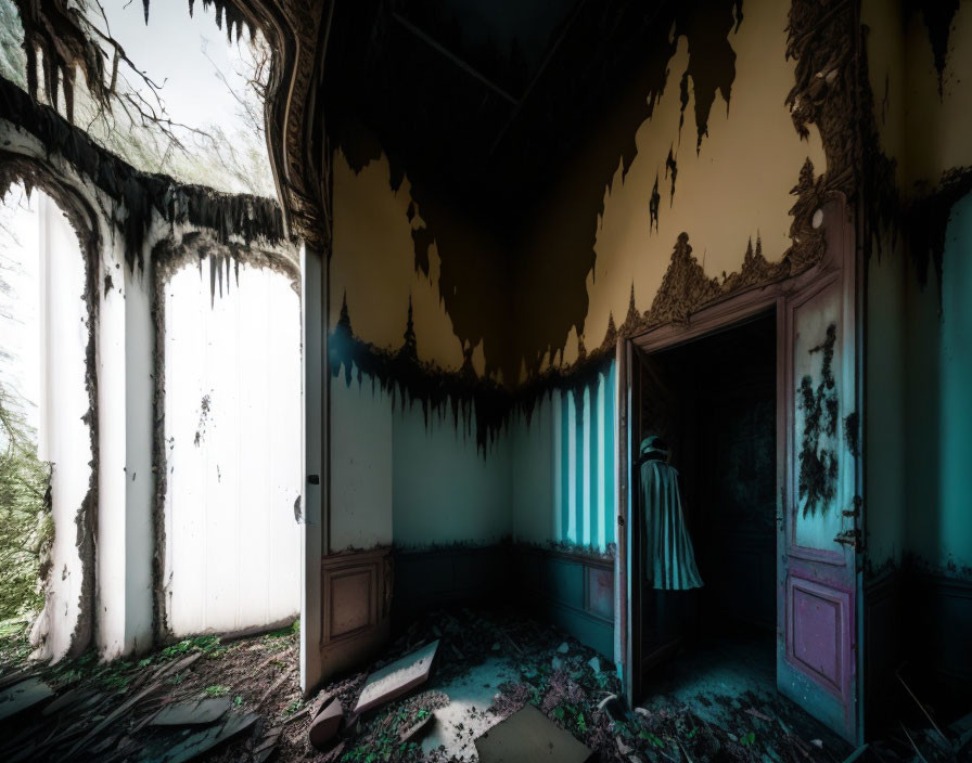 Desolate room with peeling walls, debris, and dark figure.