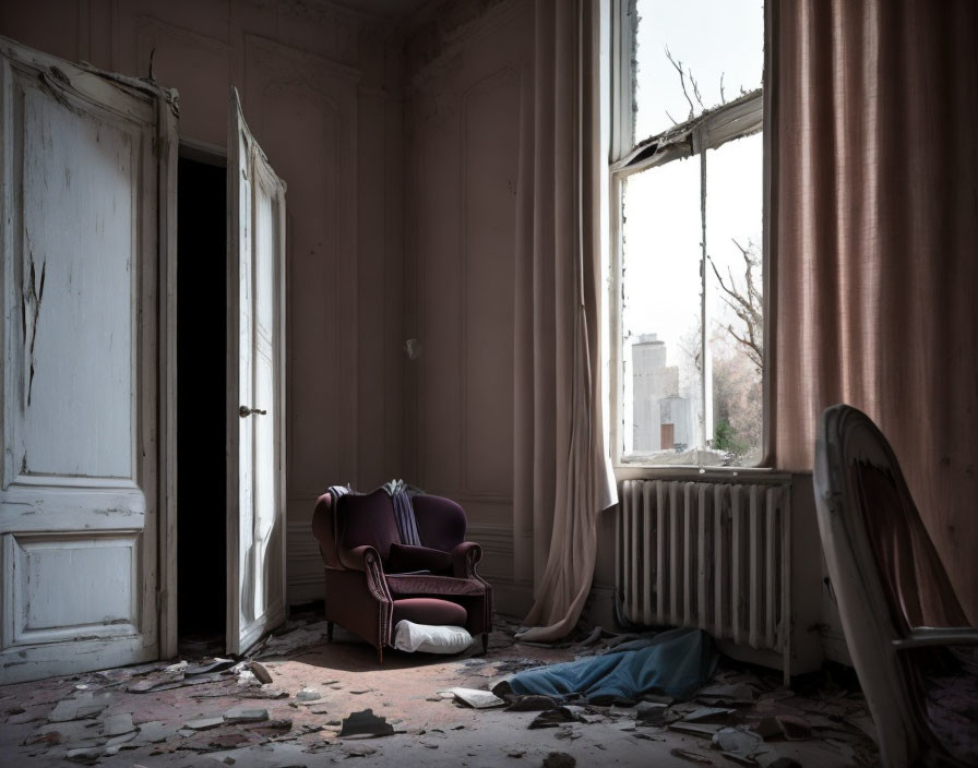 Desolate room with peeling walls, armchair, debris, open window