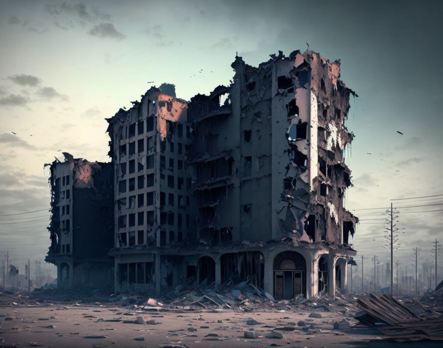 Desolate urban landscape with dilapidated buildings and rubble under a somber sky