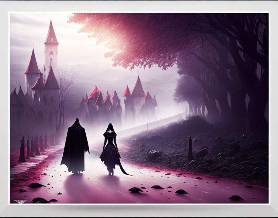 Mystical landscape with cloaked figures near castle in pink light