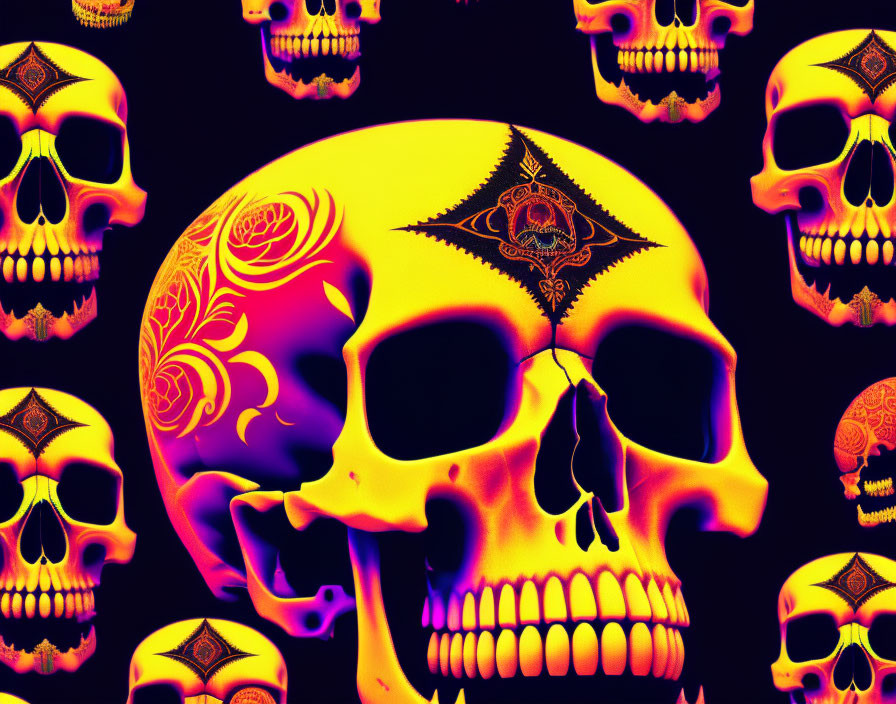 Yellow and Black Patterned Skulls on Dark Background: Gothic Decorative Motifs