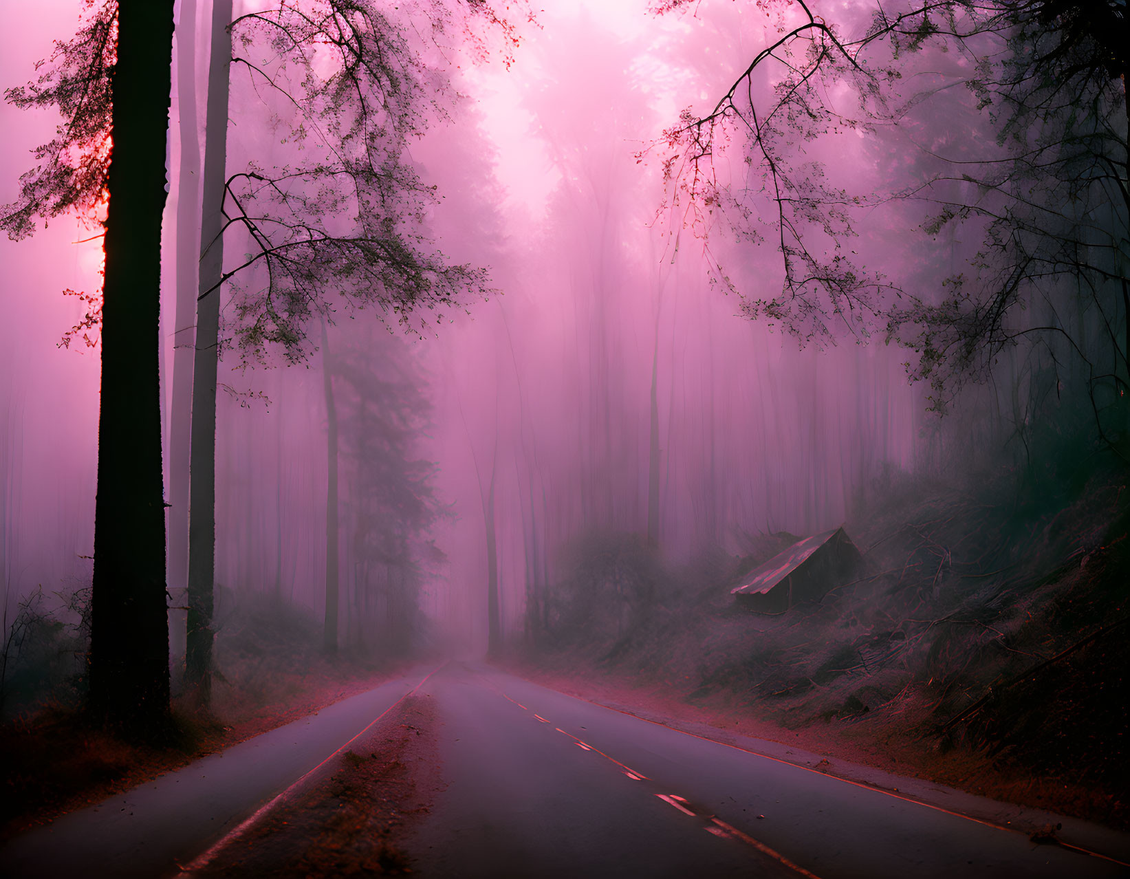 Desolate road in fog-covered forest with looming trees and pinkish hue