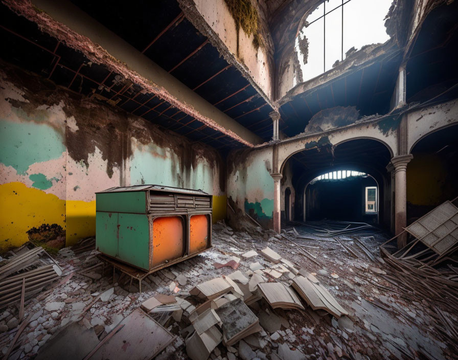 Desolate interior of abandoned building with peeling pastel walls and dilapidated cabinet.