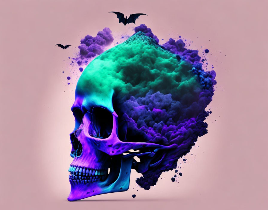 Vibrant half-skull digital artwork with purple and green smoke cloud and bat silhouette