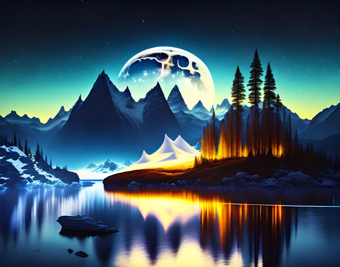 Serene nighttime mountain landscape with full moon over lake