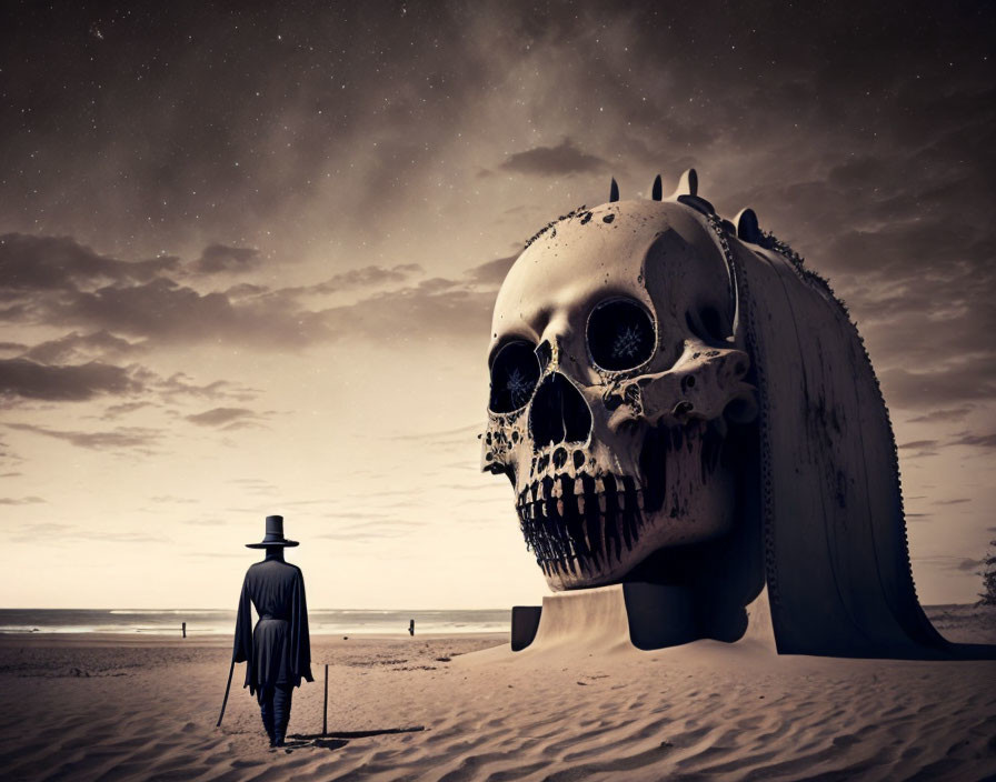Person in hat and coat faces giant skull on beach at dusk