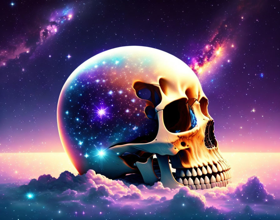 Surreal human skull with cosmic sky and stars against vibrant nebula background