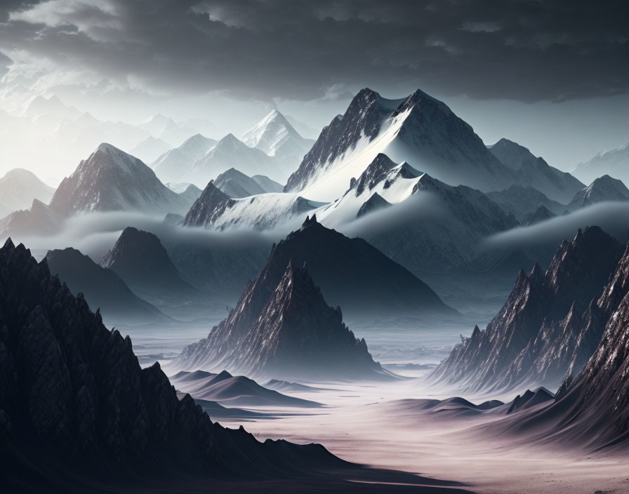 Snow-capped mountain peaks above misty valley under overcast sky