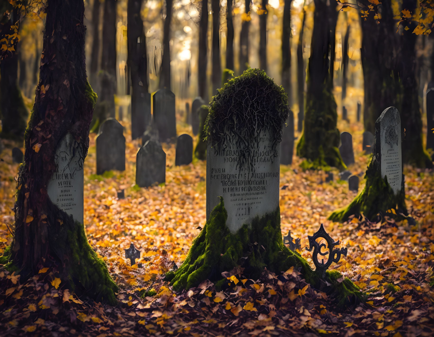 Tranquil autumn cemetery with mossy tombstones and golden leaves