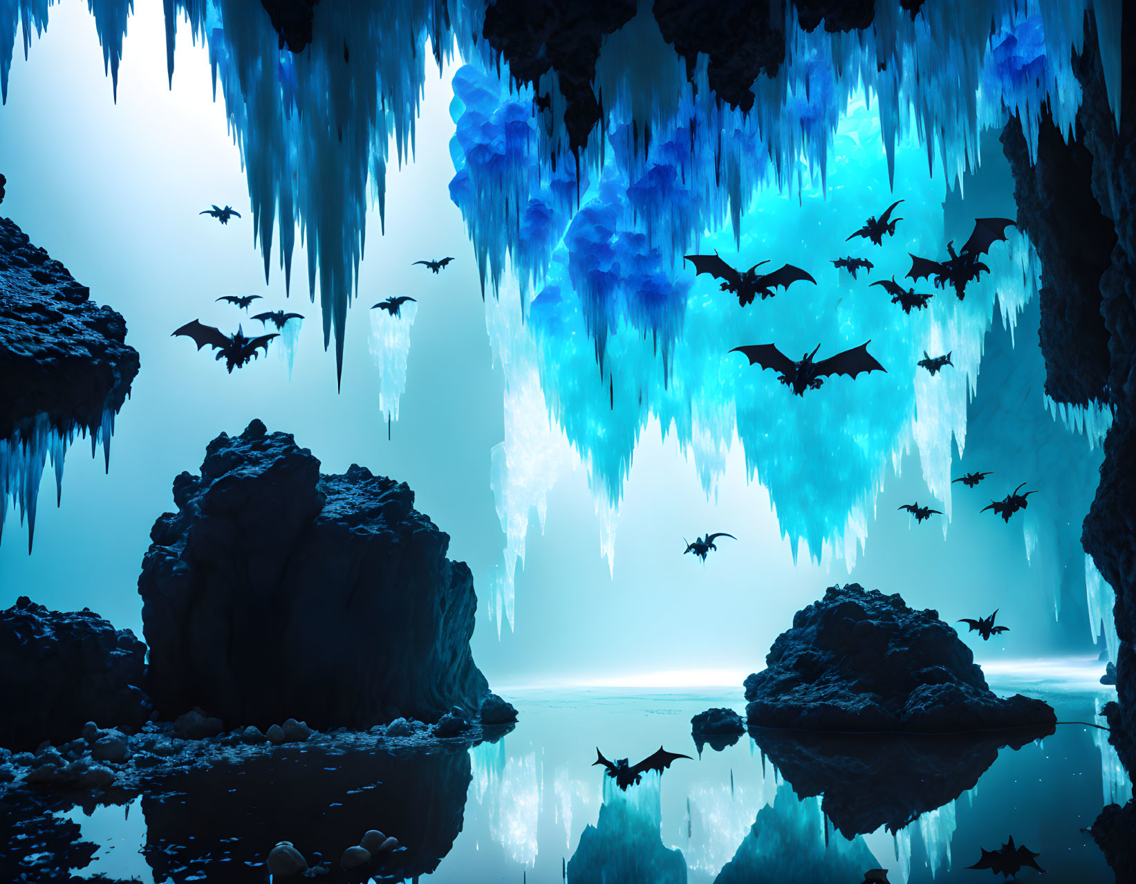 Ethereal cave with glowing blue icicles and flying bats