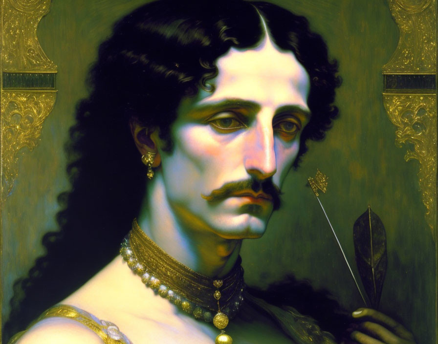 Regal man with mustache and arrow, adorned with gold jewelry