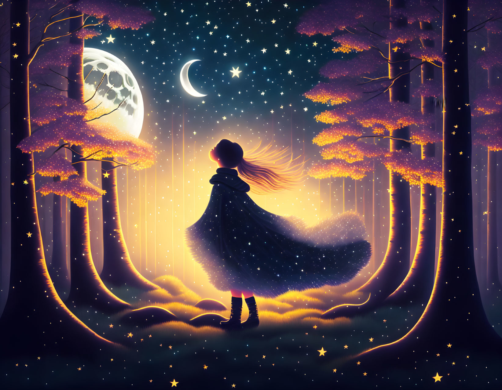 Girl in cape in enchanted forest under starry sky with glowing trees and crescent moon